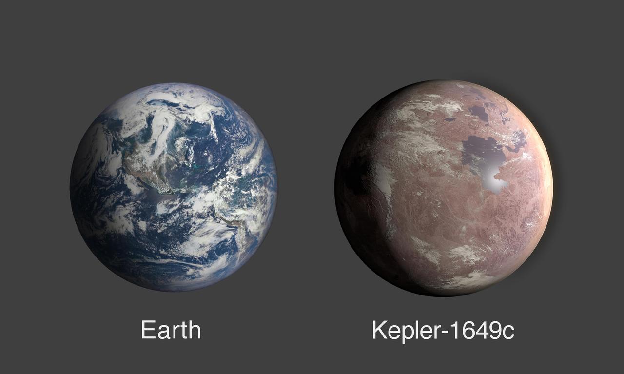 Illustration comparing the size of exoplanet Kepler-1649c with Earth