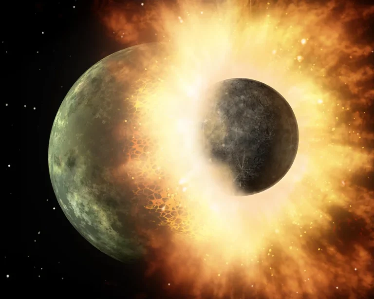 Artist's concept of a catastrophic collision between two rocky planetary bodies, like the giant impact that formed the Moon.