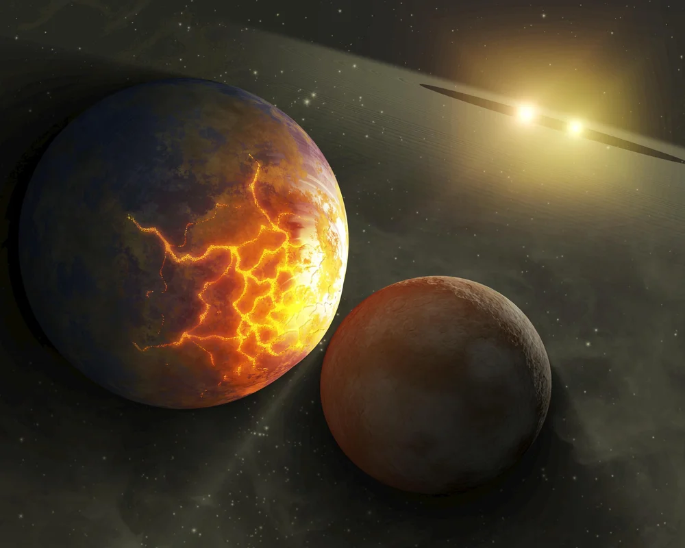 Artist's concept of two planetary bodies moments before a giant impact that lead to the origin of the moon.
