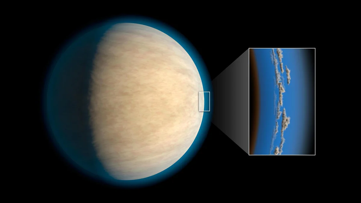 Artist illustration of a hot Jupiter exoplanet and its atmosphere