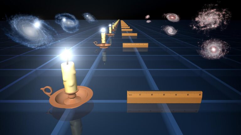 What is the Hubble tension: NASA illustration of the cosmic distance ladder using standard candles and rulers to measure galaxy distances